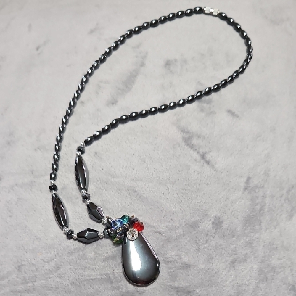 Silver Hematite Teardrop Pendant Necklace with Multicolor Accent